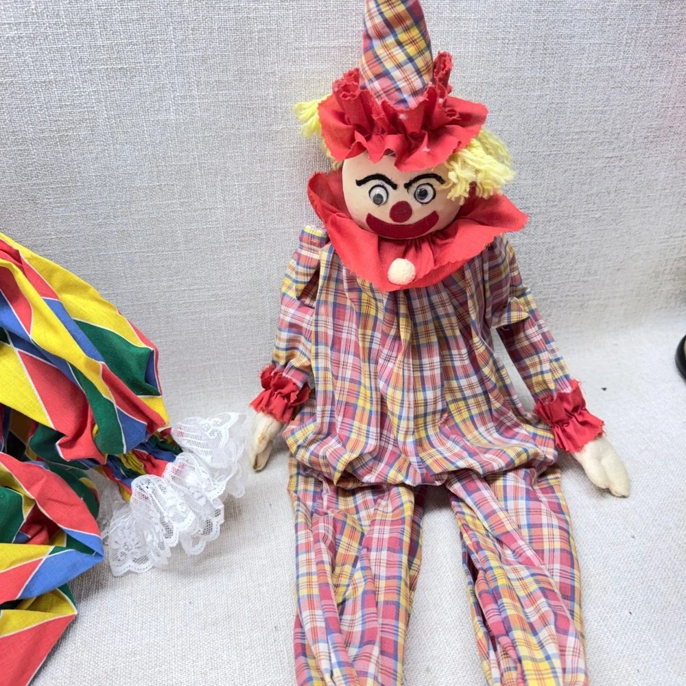 Vintage Clown Doll Lot of 4 Porcelain Ceramic Plastic Circus Decor Mid Century